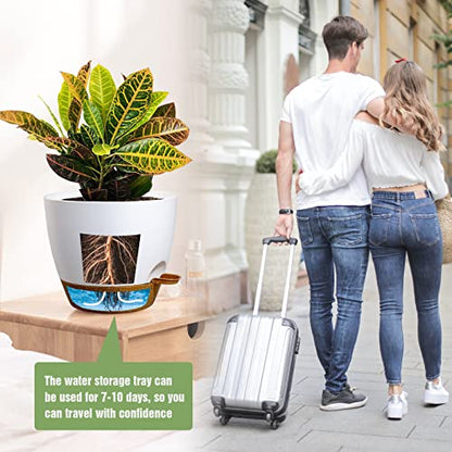 UOUZ Large Self Watering Pots, 12/10/9 Plastic Planters with High Drainage Holes and Deep Reservoir for Indoor Outdoor Garden Plants and Flowers, White with Brown - color: White With Brown