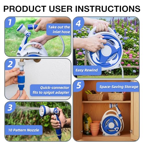 Retractable Garden Hose Reel, Home Hose Reel with10 Patterns Spray Nozzle, Adapts to standard US hose plugs, for Garden Watering, Floor Cleaning, Pet Cleaning, etc (50FT)