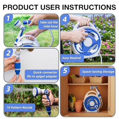 Retractable Garden Hose Reel, Home Hose Reel with10 Patterns Spray Nozzle, Adapts to standard US hose plugs, for Garden Watering, Floor Cleaning, Pet Cleaning, etc (50FT)