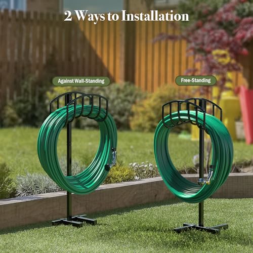 Winpull Garden Hose Holder Detachable Heavy Duty Metal Water Hose Hanger, Freestanding Hose Storage Stand Rack for Outside (Black) - color: Black