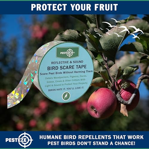 PESTEZE USA Bird Deterrent Reflective Tape–Dual-Sided Holographic Scare Ribbon (2in x 360ft) to Repel Nuisance Birds and Protect Gardens, Patios, Yards & Buildings from Pigeons, Woodpeckers, & Geese