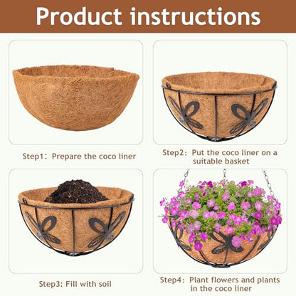 Hanging Baskets Planter for Plants, 2 Pack 14 Inch Round Metal Wire Hanging Flower Pots with Coco Coir Liner Chain, Plant Holder for Home Garden Balcony Decor - size: 14in