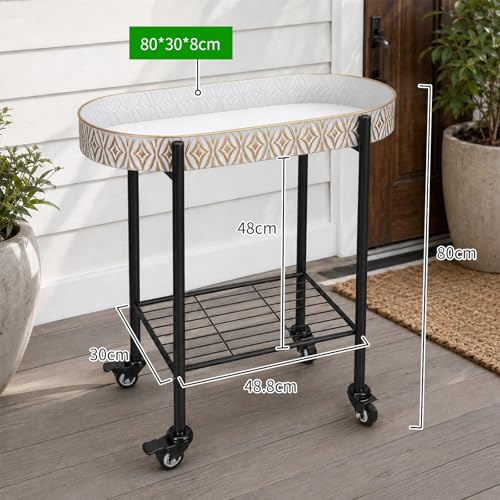 Growsun Metal Rolling Succulent Plant Stand with Drainage Holes, Nursery Pots, Wheels, and Lower Storage Shelf, Indoor Outdoor Plant Cart (White Brush Gold, Large) - color: White Brush Gold, size: Large