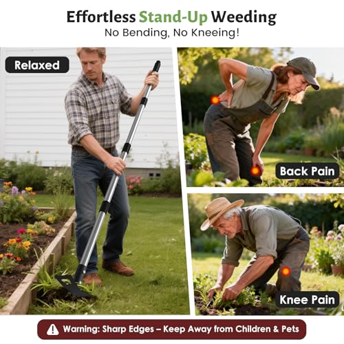 2-in-1 Stand Up Weed Puller & Garden Hoe Rake, 63" Adjustable Long Handle