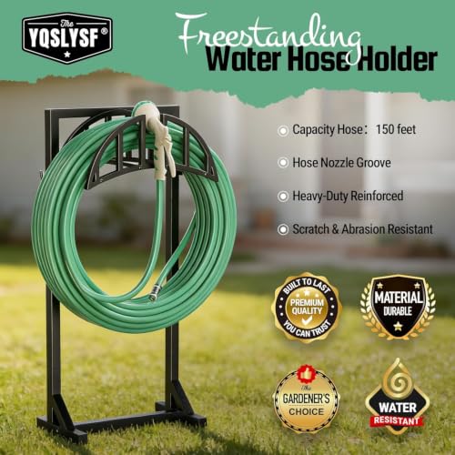 YQSLYSF Garden Hose Reel Holder, Water Hose Stand with 4 Stake and 2 Tool Hooks, Heavy-Duty Metal Hose Storage Holds 150Ft, Freestanding Hose Hanger Rack for Outside, Yard, Lawn, Farm（White） - color: Textured Black