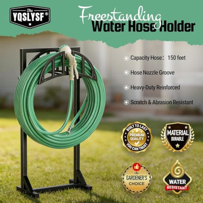 YQSLYSF Garden Hose Reel Holder, Water Hose Stand with 4 Stake and 2 Tool Hooks, Heavy-Duty Metal Hose Storage Holds 150Ft, Freestanding Hose Hanger Rack for Outside, Yard, Lawn, Farm（White） - color: Textured Black