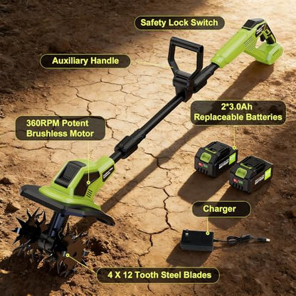 Cordless Tiller Cultivator, 21V Lightweight Tiller for Gardening with 2 * Batteries, Brushless Electric Tiller with 48 Steel Tines, 400RPM, 9.5" Tilling Width, 7" Depth for Gardening, Soil Turning