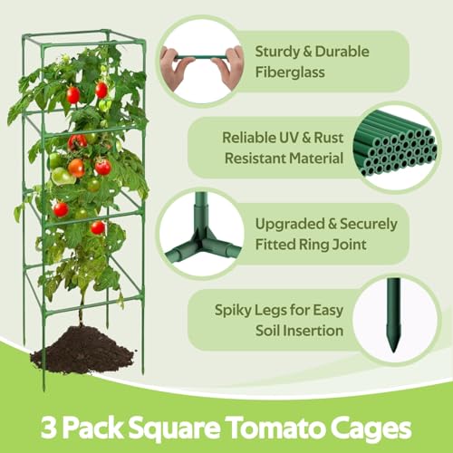 3 Pack Tomato Cages for Garden - 48" Square Tomato Cage for Pots & Raised Garden Bed - Heavy Duty Tall Tomatoes Trellis Plant Stakes Support for Vertical Climbing Plants Vegetables & Flowers - color: Green - Square