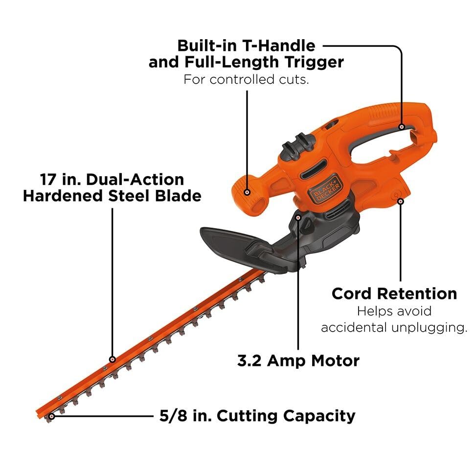 BLACK+DECKER Electric Hedge Trimmer, 17-Inch Corded 3.2 Amp, Dual Action, Reduced Vibration, Cleaner Cut, Lightweight, 3800 Cuts per Min (BEHT150)