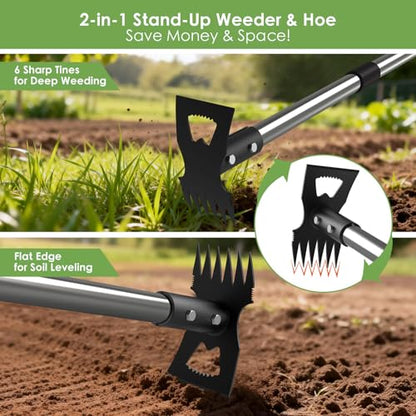 2-in-1 Stand Up Weed Puller & Garden Hoe Rake, 63" Adjustable Long Handle