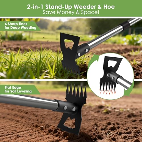 2-in-1 Stand Up Weed Puller & Garden Hoe Rake, 63" Adjustable Long Handle
