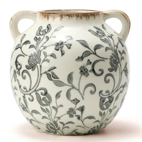 Gray Vintage Antique Vase, 5.6 Inch All Seasons Chinoiserie Floral Vase, Rustic Ceramic Vase for Home Decor, Living Room, Bookshelf, Office, Entryway, Garden, Chinoiserie Decor, Tuscan Decor - color: Gray Chinoiserie Floral- 5.6"
