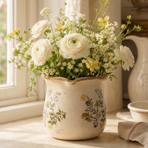 Ceramic Flower Vase, Rustic Farmhouse Vases & Planting Pots with Drainage - color: Yellow Blooms
