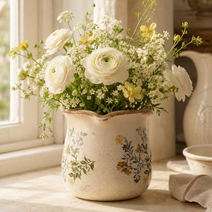 Ceramic Flower Vase, Rustic Farmhouse Vases & Planting Pots with Drainage - color: Yellow Blooms