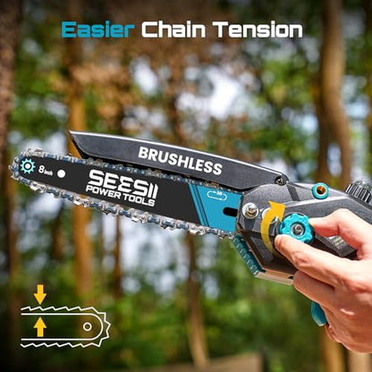 SEESII 8 Inch & 6 Inch Mini Chainsaw Cordless with 2 Batteries & Auto Oiler - color: Blue