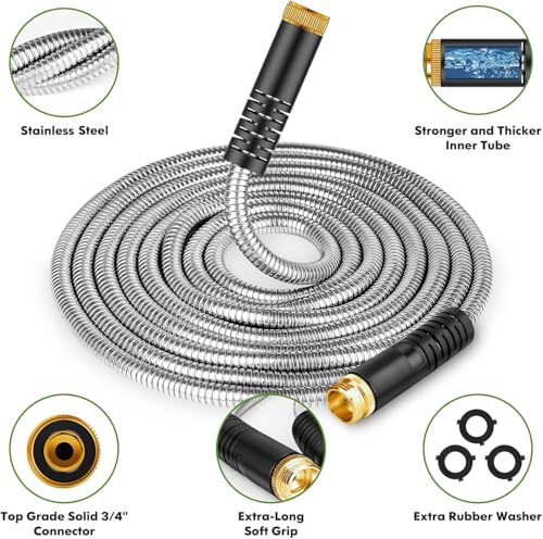 Unywarse Garden Hose 50FT Metal Water Hose with 10 Function Nozzle No-Kink - size: 50FT