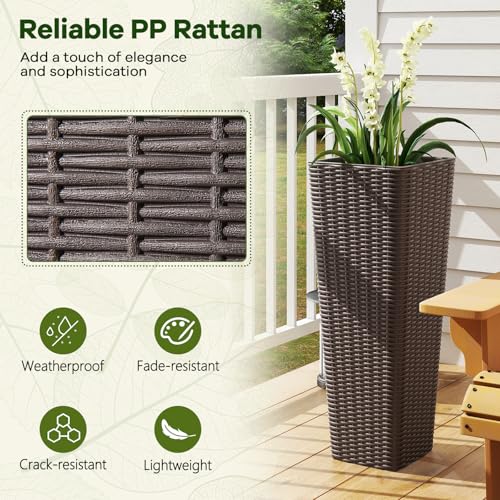 HAPPYGRILL Rattan Tall Planter Set of 2 with Removable Inner Trays - color: Brown