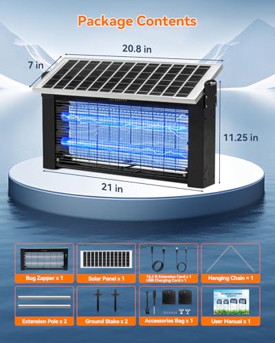 20W Solar Bug Zapper Outdoor Waterproof, LANGY 20W w/10000mAh Battery Electric Mosquito Killer Zapper Fly Insect Mosquitos Trap with Auto On/Off & 16.4ft Cord for Yard Camping Garden RV Home - size: 20w with 2 UV lights