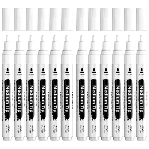 12 White Paint Pens - Permanent Acrylic Paint Markers, Medium Tip - color: White