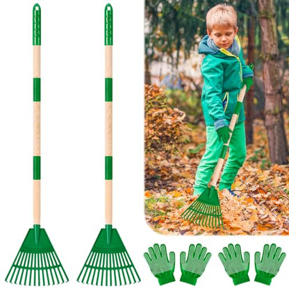2 Pcs 35'' Kids Rakes for Leaves - Plastic Rake Head with 2 Pairs Kids - color: Green-2 Pack
