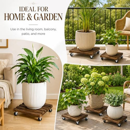 4 Pack Wooden Plant Stand With Wheels, 12" Rolling Planter Base Plant Stand, With Metal Lockable Caster Wheels, For Indoor Outdoor Plant Pots