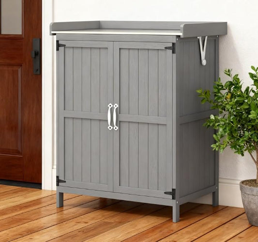 29 Inch Wooden Outdoor Storage Box and Garden Potting Bench with Stainless Steel Tabletop, Double Doors and Hinged Roof for Patio Organization and Tool Storage, Grey - color: Grey - 29.10 X 16.90 X 34.60 Inch
