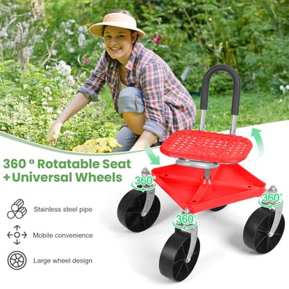 Garden Cart with Seat and Wheels, Red - color: Red