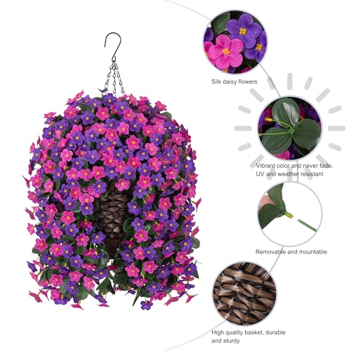 Artificial Fake Hanging Flowers with Basket for Outdoor Decoration,UV Resistant Faux Silk Daisy Flowers Dark Purple and Fuchsia Orchid Vines in Planter Realistic Hanging Baskets for Home Porch Garden - color: Dark Purple+fuchsia Daisy