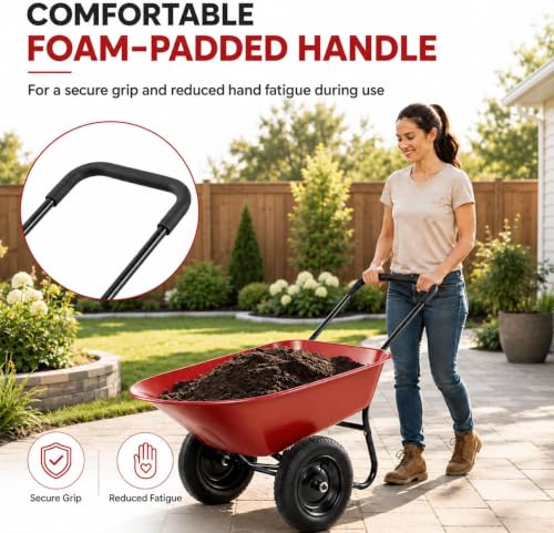 Enlarged Dual-Wheel Wheelbarrow, Easy Loading and Dumping Garden Cart, Heavy Duty Utility Dump Cart for Lawn, Yard, Farm, Gardening & Planting (Red) - color: Red