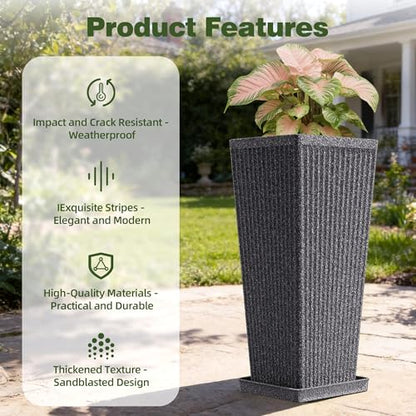 Square Tall Planters for Outdoor Plants with Tray - 24" Gray 2Pack - color: Grey-sandblasting