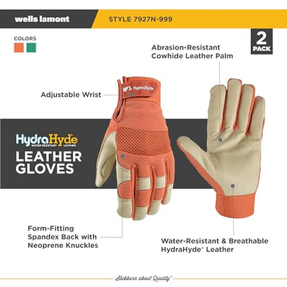 Wells Lamont Women's HydraHyde Leather Hybrid Gloves - color: Green & Orange, size: Medium, style: 2-pack