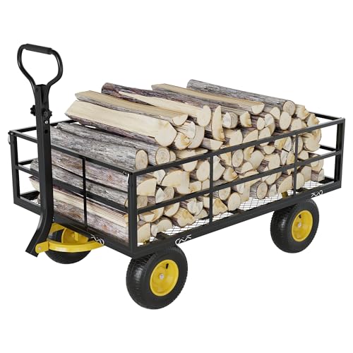 3-in-1 Heavy-Duty Steel Garden Cart, 1200 Lbs Garden Wagon, with 13 Inch All-Terrain Tires and Removable Mesh Side Panels, 180° Rotating Handle, Metal Multi-Function Carts, Outdoor Gardens Wagon Cart - color: Black + Yellow, size: 1200 Lb