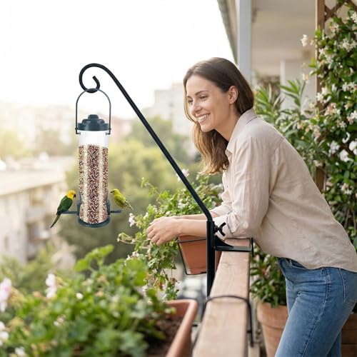 Heavy Duty Deck Hook,360 ° Rotating Design,Pole 15”Long Metal Deck Railing Hooks for Hanging Bird Feeders,Planters,Suet Baskets,Lanterns,Wind Chimes,Clamp Mounted,Under 18 LBS(2PACK)