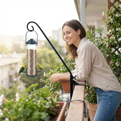 Heavy Duty Deck Hook,360 ° Rotating Design,Pole 15”Long Metal Deck Railing Hooks for Hanging Bird Feeders,Planters,Suet Baskets,Lanterns,Wind Chimes,Clamp Mounted,Under 18 LBS(2PACK)