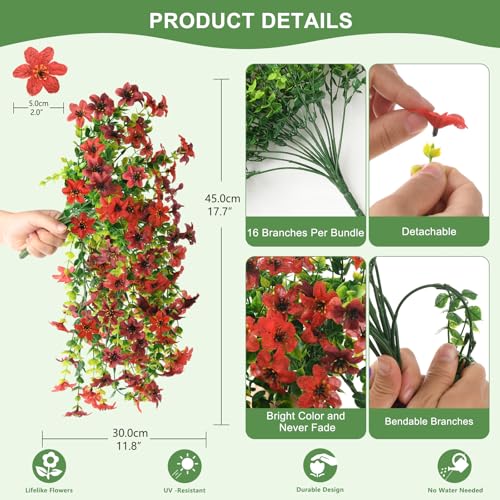 Artificial Flowers for Outdoors, 2 Pcs Faux Hanging Plants UV Resistant - color: Red and Brown