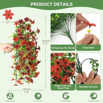 Artificial Flowers for Outdoors, 2 Pcs Faux Hanging Plants UV Resistant - color: Red and Brown