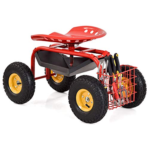 IRONMAX Garden Cart with Seat, Heavy Duty Gardening Work Stools w/Height Adjustable Seat & 10’’ Large Wheels, Rolling Garden Scooter for Outdoor Lawn Yard Planting (Red)