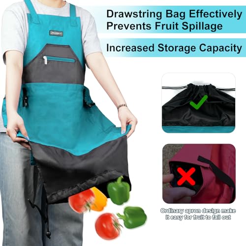 Garden Apron,Harvest Aprons with Drawstring Bag and Pockets for Women and Men,Canvas Fruit Picking Apron - color: Blue