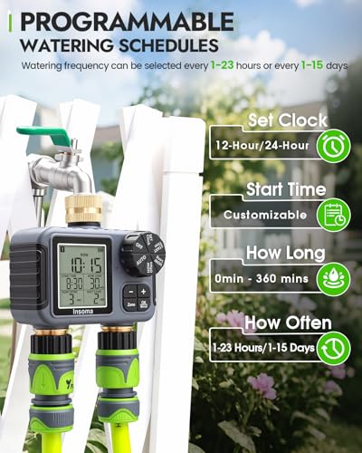 Insoma 2-Zone Sprinkler Timer with Brass Inlet & Outlet, Water Timer for Garden Hose with Auto/Manual/Rain Delay Mode, Big LCD Display, Easy Setup Hose Timers for Lawn, Garden, Vacation Watering - size: 2 Zone-V2.0-Brass