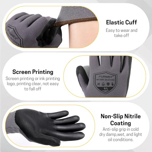 FURWEY Work Gloves, 16/32Pairs Nitrile, Seamless Nylon Knit - color: Black Gray, size: Medium