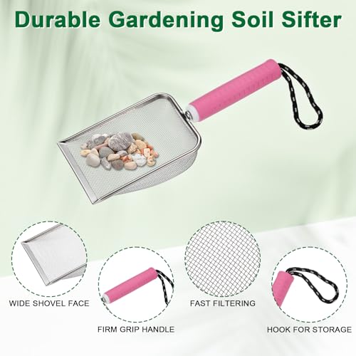 M METERXITY 1-Pack Gardening Soil Sifter, 2.8 mm Mesh Stainless Steel Portable Gardening Sifter with Soft Handle for Sand/Dirt/Rock Compost [White, Pink] - color: White, Pink, size: 2.8X2.8mm