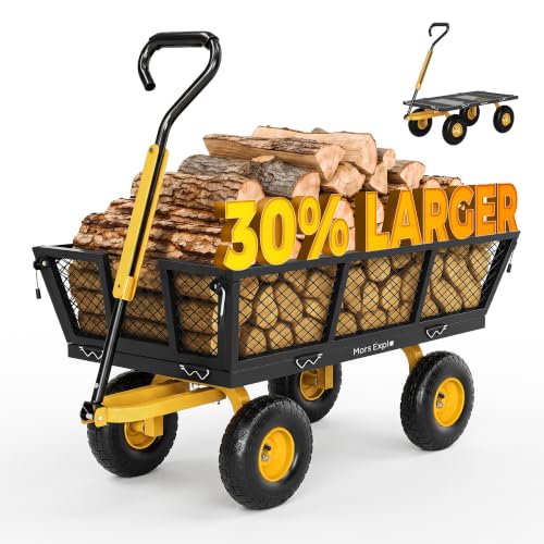 900 Lbs Heavy Duty Steel Garden Cart, Outdoor Metal Garden Wagon On Wheels, Utility Yard Cart with Mesh Removable Sides(Convert to Flatbed) and Removable Handle (to Wheel Barrow), Dark - color: Black
