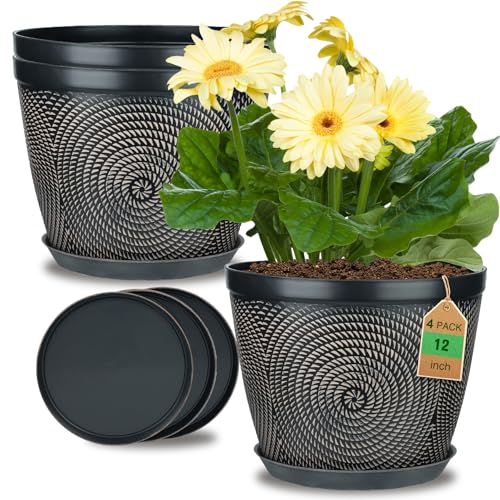 Quarut 12 Inch 4 Pack Large Pots, for Plants,Plastic Flower Pot for Indoor - color: Circular Pattern-brown, size: 12 inch-4 Pack