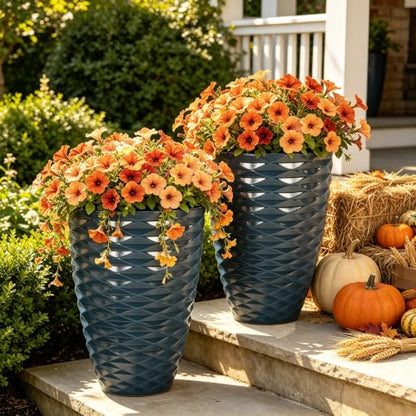 19" Wavy Ceramic-Look Outdoor Planters for Plants Set of 2 Tall Pots - color: 19"h-navy Blue Wavy