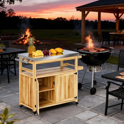 Outdoor Storage Cabinet and Grill Cart with Stainless Steel Top, Rolling Patio Kitchen Island for BBQ Tools and Pizza Oven, Solid Fir Wood Storage Box with Wheels, 43 x 20 x 36 Inches - color: Natural Wood - 42.90 X 19.70 X 36.40 Inch