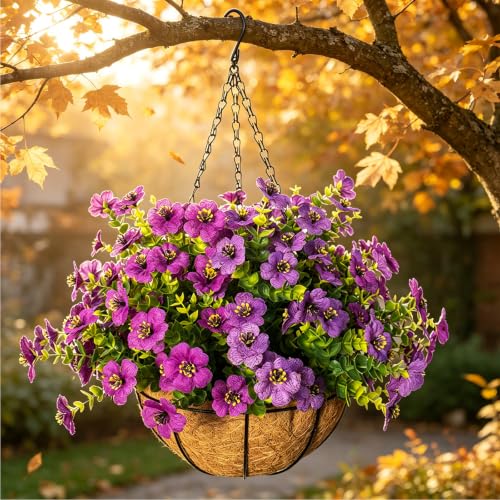 Artificial Hanging Flowers, UV Resistant, 12 Bundles, Mix - color: Purple+fuchsia