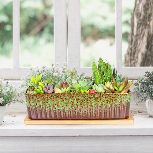 Succulent Pots, 12'' Long Rectangle Planters with Tray, Windowsill Planter - color: Green