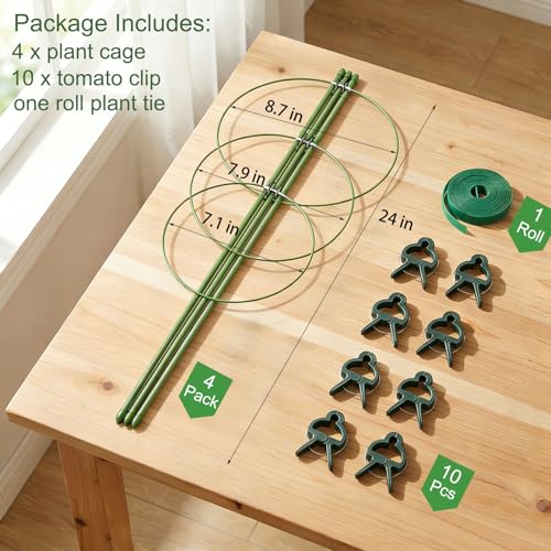 4 Pack Garden Tomato Cage for Pots, 24" Metal Tomatoes Cages Plant Support with Stable Support Rings (24") - size: 24"
