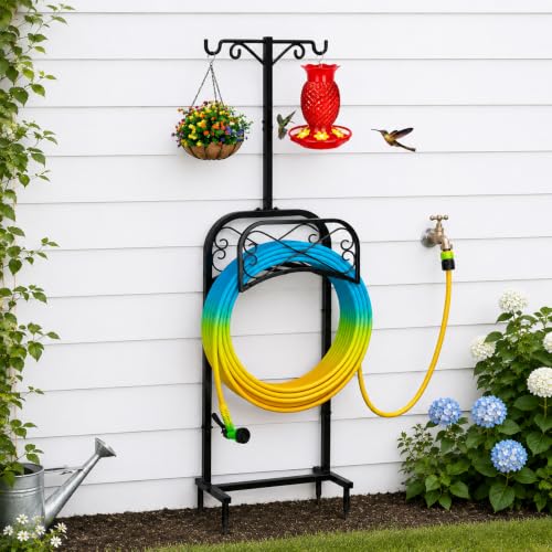 Gtongoko Garden Hose Holder for Outside 70" with 4 Prongs Base & 2 Shepherds Hooks Heavy Duty Freestanding Metal Water Hose Holder Stand Holds Up to 150FT Hose & 44LB Detachable Hose Storage for Yard - size: 70 Inch