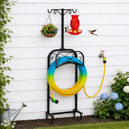 Gtongoko Garden Hose Holder for Outside 70" with 4 Prongs Base & 2 Shepherds Hooks Heavy Duty Freestanding Metal Water Hose Holder Stand Holds Up to 150FT Hose & 44LB Detachable Hose Storage for Yard - size: 70 Inch